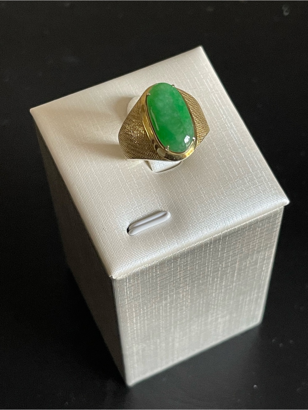 Vintage gold over silver natural jadeite jade ring.